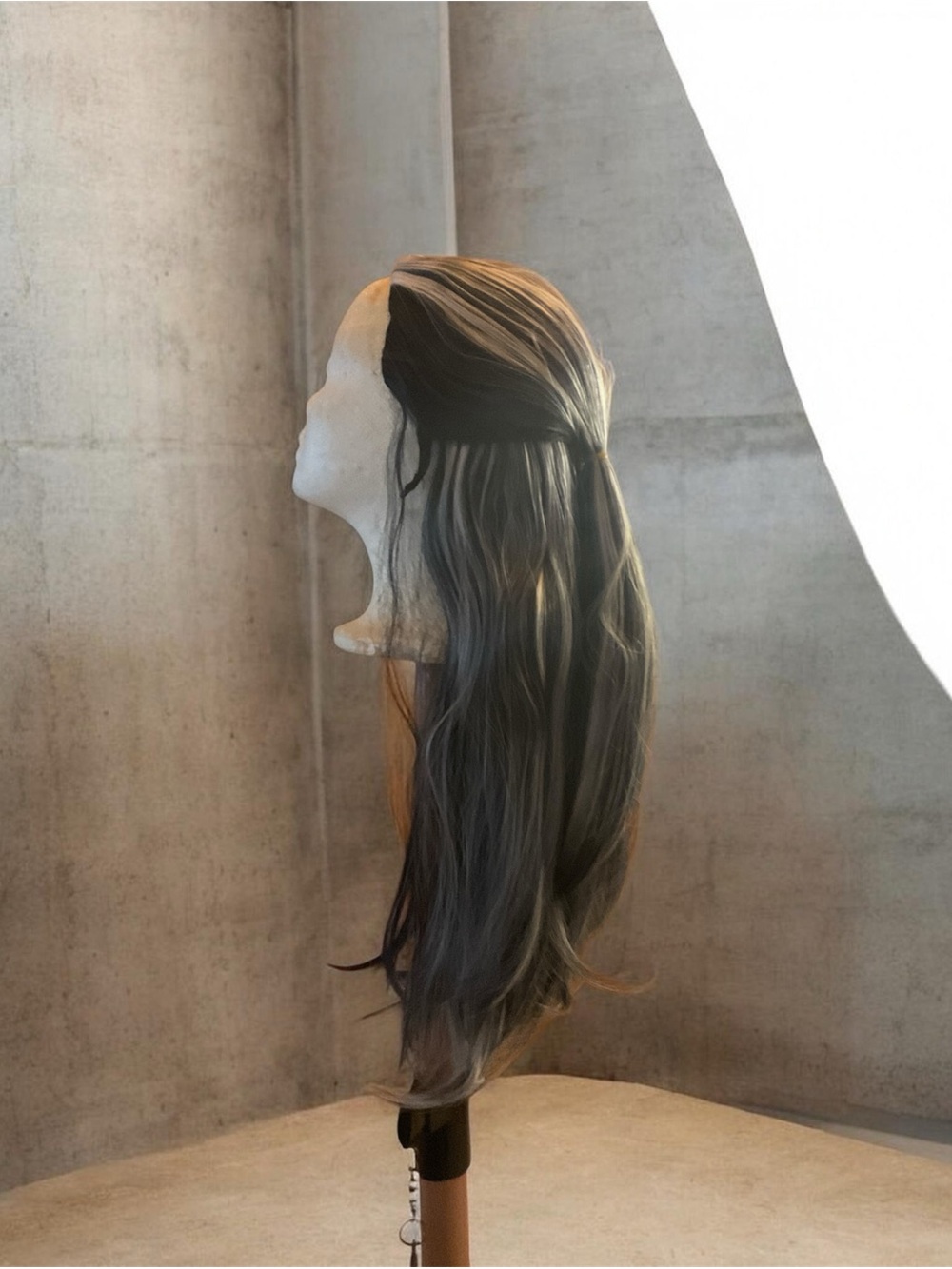 Long Layered Ombre Synthetic Wig - Black to Gray with Subtle Brown Highlights